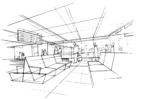 istock sketch drawing airport seating area,drawing of people traveling in an international airport,Modern design,vector,2d illustration 1396044815