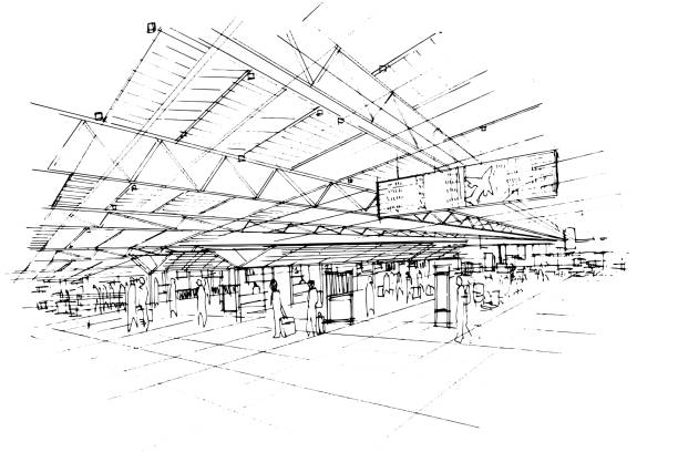 strichzeichnungsflur am flughafen, skizzen von menschen, die in einem internationalen flughafen reisen, modernes design, vektor, 2d-illustration - concourse stock-grafiken, -clipart, -cartoons und -symbole