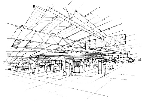 Line drawing hallway at the airport,Sketches of people traveling in an international airport,Modern design,vector,2d illustration