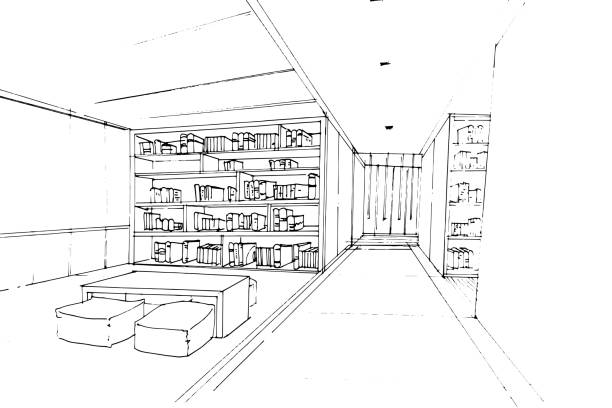 sketch drawing library area and bookshelf with seating and aisle,Modern design,vector,2d illustration sketch drawing library area and bookshelf with seating and aisle,Modern design,vector,2d illustration library illustrations stock illustrations