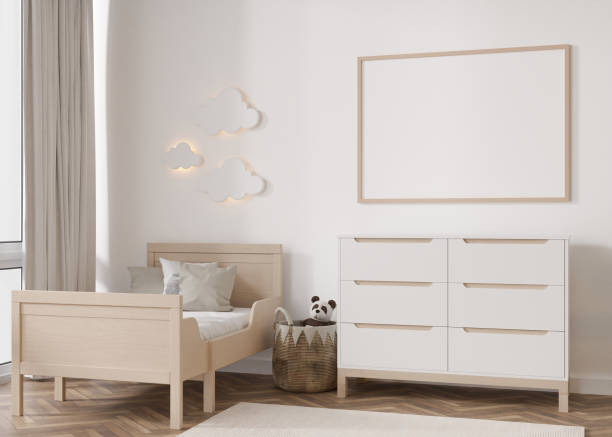 istock Empty horizontal picture frame on white wall in modern child room. Mock up interior in scandinavian style. Free, copy space for picture. Bed, rattan basket, toy. Cozy room for kids. 3D rendering. 1396045544