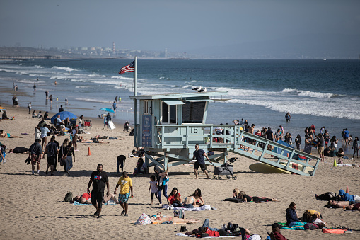 Santa Monica, CA - April 15 2022: A lifeguard tower on Santa Monica Beach