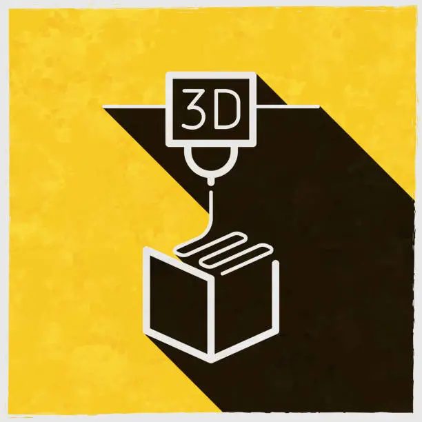 Vector illustration of 3D printer. Icon with long shadow on textured yellow background