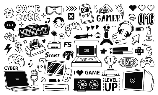 Gaming streaming doodle. Game gadgets, gamer equipment and cyber sport games controllers vector set. Microphone, headset, laptop isolated tools for broadcasting, winning trophy in tournament