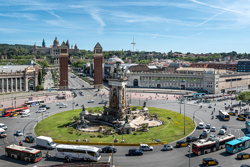 Spain. April 25, 2022. Aerial view of Placa d'Espanya, towards the Venetian Towers and the National Art Museum. This iconic square is located at the foot of Montjuic and it's a major landmark in Barcelona, Catalonia, Spain