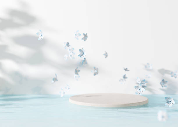 白い背景に水と飛んでいる花の表彰台。製品、化粧品のプレゼンテーションのためのモックアップ。夏や春の気分、花。台座、美容製品のプラットフォーム。3dレンダリング。 - flower spring white blue ストックフォトと画像