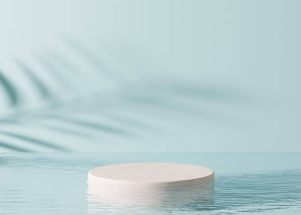 podium im wasser, mit palmschatten, auf dem blauen hintergrund. schönes modell für produkt, kosmetische präsentation. sockel oder plattform für schönheitsprodukte. leere szene, bühne. 3d-rendering. - byproduct stock-fotos und bilder