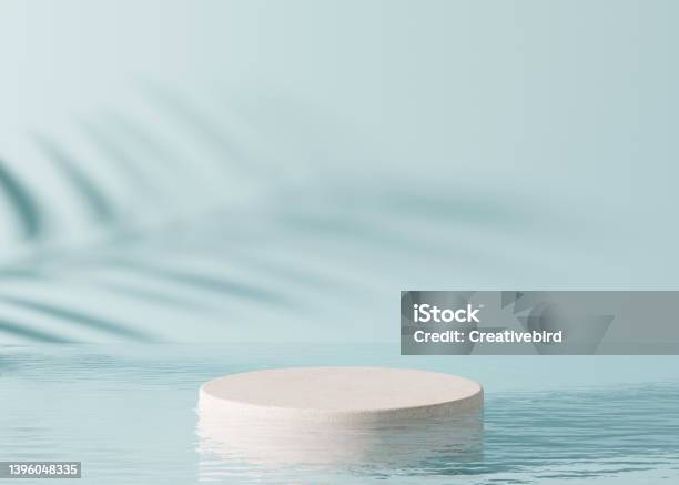 Podium Standing In Water With Palm Shadow On The Blue Background Beautiful Mock Up For Product Cosmetic Presentation Pedestal Or Platform For Beauty Products Empty Scene Stage 3d Rendering Stock Photo - Download Image Now