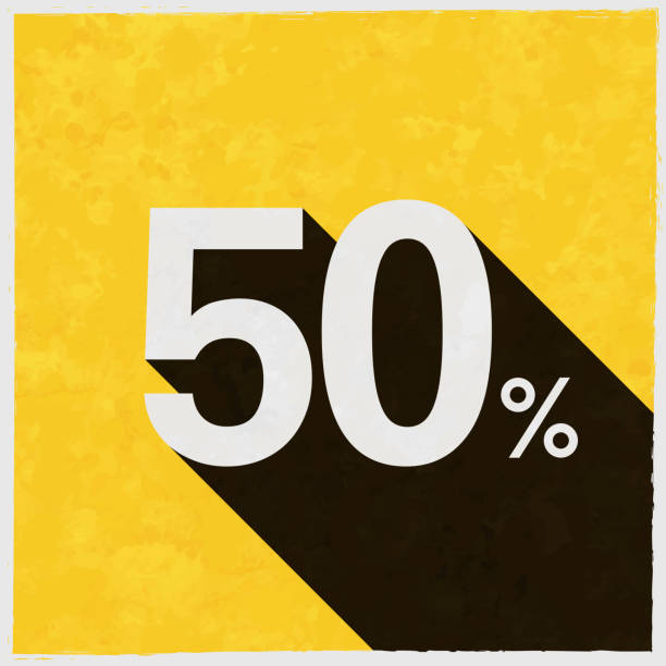 illustrations, cliparts, dessins animés et icônes de 50% - cinquante pour cent. icône avec une ombre longue sur fond jaune texturé - sale number 50 percentage sign number