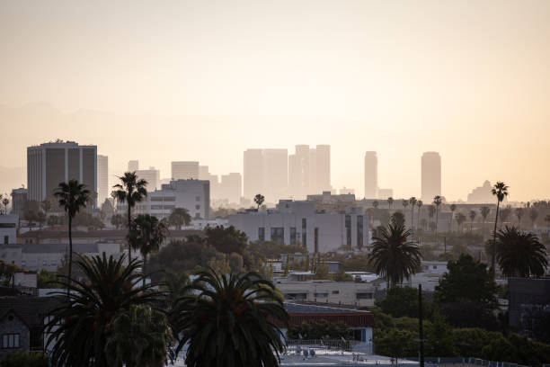 Wilshire Montana Santa Monica, CA - April 15 2022: Sunset over the palm tree lined skyline of Santa Monica santa monica stock pictures, royalty-free photos & images