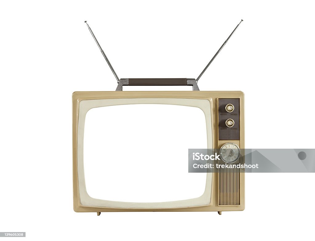 1960's Blank Screen Portable Television with Antennas Up 1960's blank screen portable television with antennas up.  Isolated on white. Television Set Stock Photo