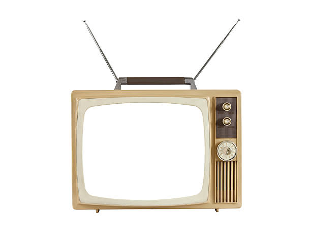 1960's Blank Screen Portable Television with Antennas Up 1960's blank screen portable television with antennas up. Isolated on white. old television stock pictures, royalty-free photos & images