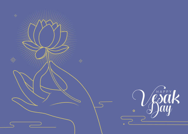 Vesak Day or Buddha Purnima - line art drawing of buddha's hand holding lotus Happy Vesak Day or Buddha Purnima greeting template or copy space. Hand of buddha holding lotus flower in line art style. Flat design. Vector illustration. vesak day stock illustrations