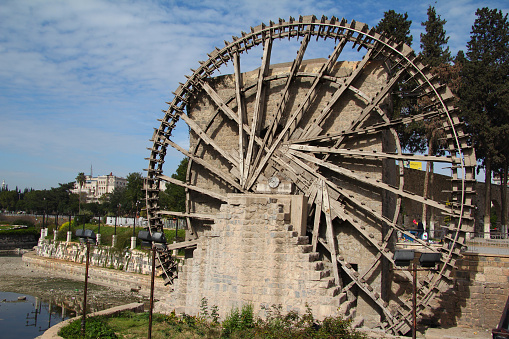Water mill in Hama, Syria. Waterwheels name called Norias.