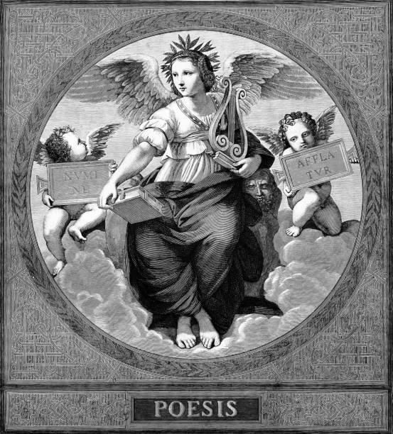 ilustraciones, imágenes clip art, dibujos animados e iconos de stock de ángel de la poesía rodeado de ángeles - 1884