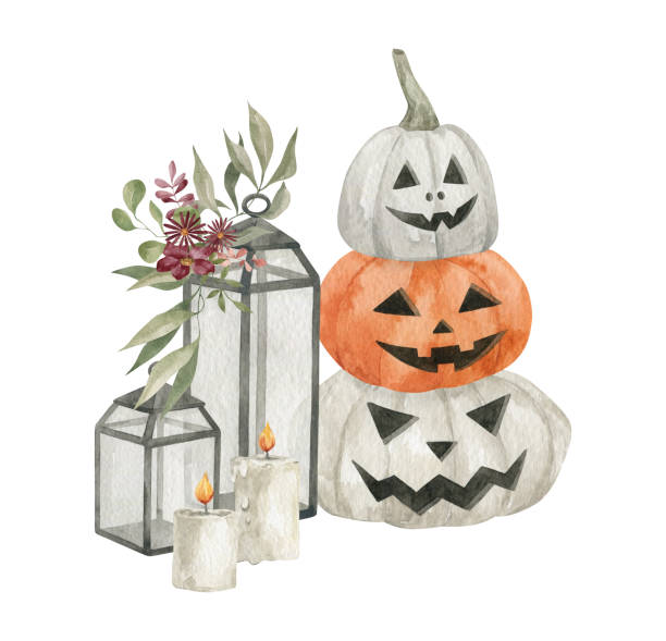 Watercolor Halloween Still Life Watercolor composition with cute and spooky halloween pumpkins. Autumn decor, candles, lantern. Fall holiday watercolor lantern set stock illustrations