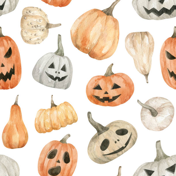 ilustraciones, imágenes clip art, dibujos animados e iconos de stock de patrón de acuarela con calabazas de halloween - linterna de halloween ilustraciones