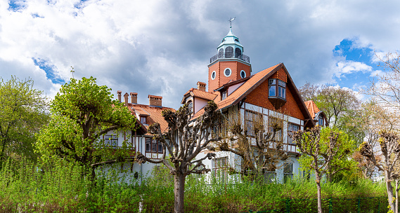 Sopot, Poland - May 07, 2022: Beautiful old house on the embankment in Sopot. Famous polish resort on the Baltic sea coast. Accommodation for tourists