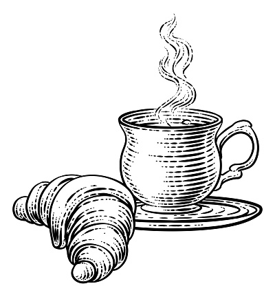 A croissant and cup or mug of coffee or tea in a vintage woodcut retro etching style