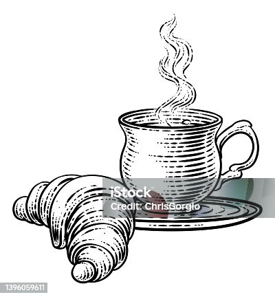istock Croissant And Coffee Tea Cup Mug Woodcut 1396059611