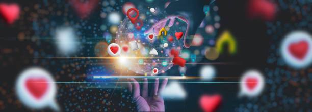 istock Human hands showing digital tablet computer and show icon social media.Network technology concept.dark background. 1396059773