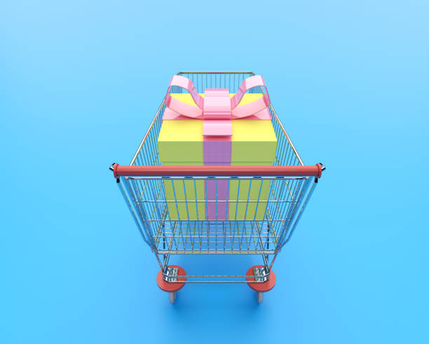 carrito de compras visto desde atrás con caja de regalo en el interior, concepto de recompensa al cliente, ilustración en 3d - cinta para caja registradora fotografías e imágenes de stock