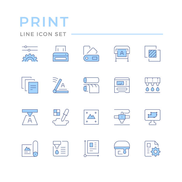 Set color line icons of print Set color line icons of print isolated on white. Vector illustration digital printing house stock illustrations
