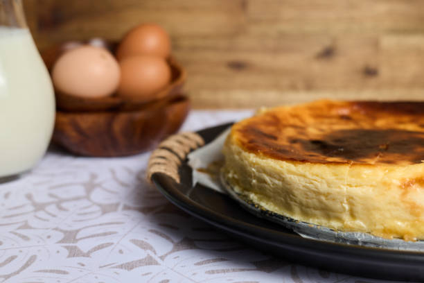 istock Creamy cheesecake on brown and white background 1396061292