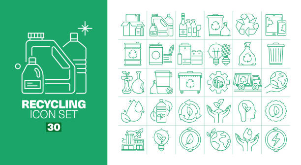 recycling line icons set - garbage bag garbage bag garbage dump stock-grafiken, -clipart, -cartoons und -symbole