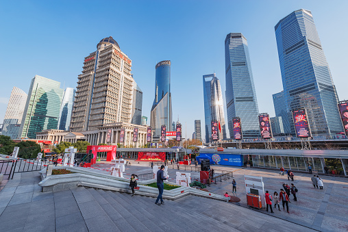 Shanghai, China - December 30, 2016: City square view at evening time.