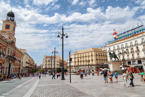 Madrid, Spain - August 18, 2014: Awesome view of the Puerta del Sol Square. Madrid is a popular tourist destination of Europe.
