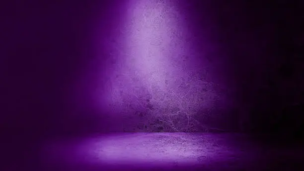Photo of dark purple emperado marble floor and wall backgrounds, room, interior with light from above used for products displayed. realistic empty room of stone with artificial light. violet studio backdrops.