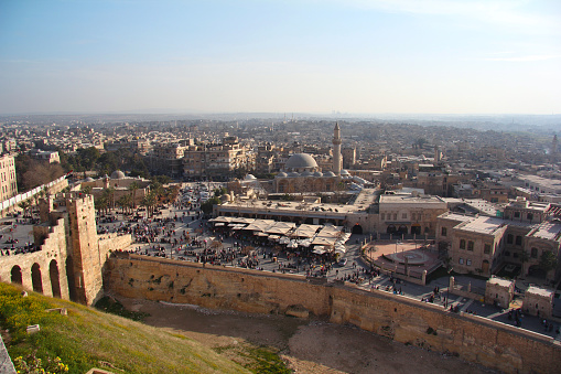 Aleppo, Syria - 13 04 2011: Citadel of Aleppo the large medieval fortified palace in the city center of the old town of Aleppo, prior to the syrian war against IS
