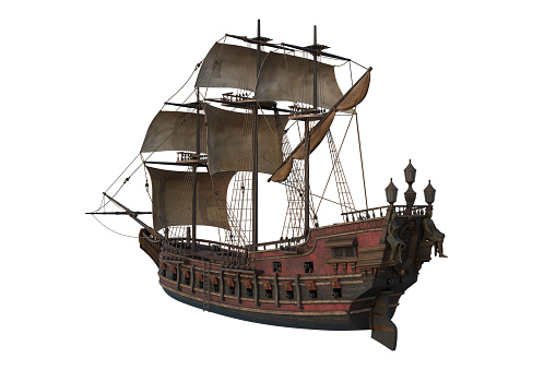 Old wooden pirate ship seen from rear perspective. 3D illustration isolated on white background with clipping path.