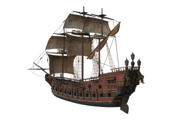 Old wooden pirate ship seen from rear perspective. 3D rendering isolated on white background with clipping path. Old wooden pirate ship seen from rear perspective. 3D illustration isolated on white background with clipping path. pirate ship on white stock pictures, royalty-free photos & images
