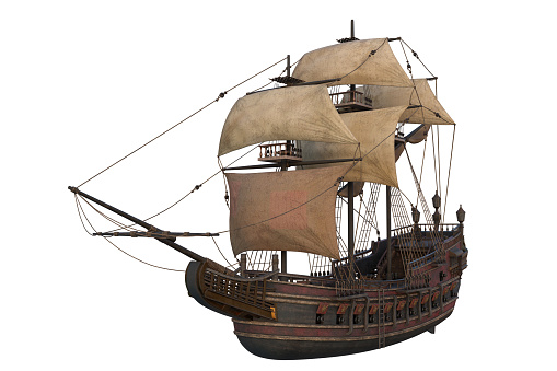 Old wooden pirate ship in full sail. 3D illustration isolated on white background with clipping path.