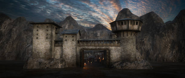 istock Dark moody medieval fantasy castle in evening light with open gate and mountain behind. 3D rendering. 1396067907
