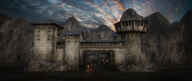 Dark moody medieval fantasy castle in evening light with open gate and mountain behind. 3D illustration.