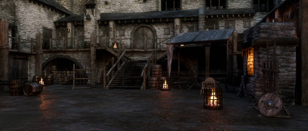 istock Dark wet muddy medieval castle courtyard in the evening lit by fire light. 3D rendering. 1396067910