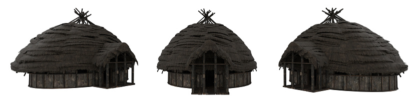 Round shaped medieval building with thatched roof. 3D illustration with 3 views isolated on white with clipping path.