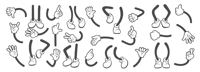 Cartoon feet arms. Cute cartoones mascots foot and arm positions, vector funny cartoonized actions artwork, cartoon hands and shoes boots limbs illustration
