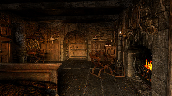 Medieval bedroom with stone walls, candlelight and a burning open fire. 3D illustration.