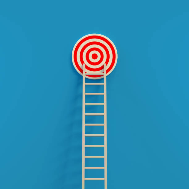 istock Ladder and the Red Target on Blue Wall Background. 3d Rendering 1396069043