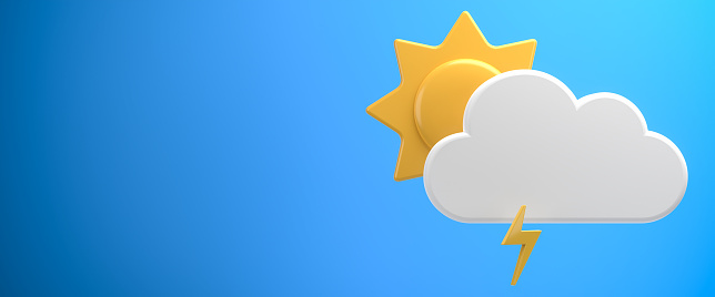 3D Weather forecast web banner series: Sunshine, partly cloudy and occasional lightning without rain.