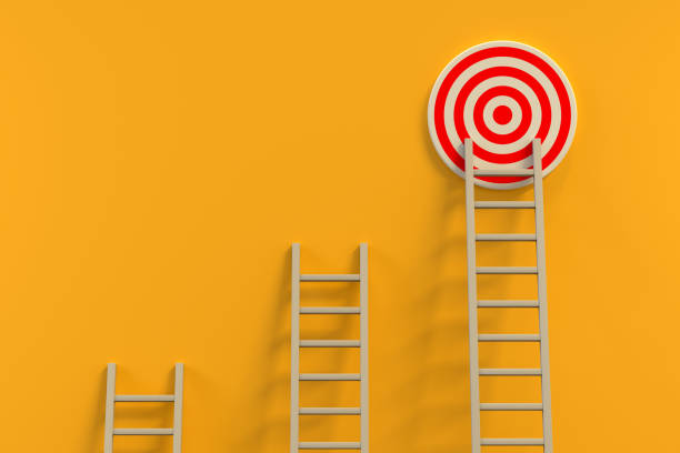 istock Target Ladder Achievement Concept on Yellow Wall Studio Background. 3d Rendering 1396069571