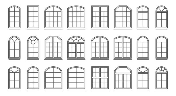 Windows outline pictograms Windows outline pictograms. Arch and square homes window line drawings, house exterior rounded and rectangular windowes silhouette icons, framed casement stroke set window silhouettes stock illustrations