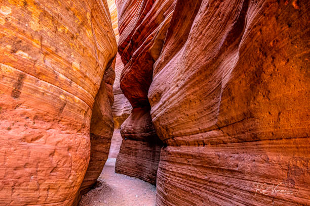 A Walk Through Time Peek-A-Boo, also commonly known as Red Canyon, is an easy, short hike (0.7 miles round trip) into one of the most beautiful slot canyons in the area. The stunning orange, sandstone walls make an amazing backdrop for photographs. In the canyon, you will find ancient Moqui Steps climbing the canyon wall as well as logs balanced between the canyon walls above you. Keep in mind, deep sand makes the route to Peek-A-Boo difficult, and in some cases, impassable. In recent years, flash floods have pushed boulders into the Peek-A-Boo Canyon, creating drop-offs that may pose challenges for visitors. Floods frequently change the height and difficulty of these obstacles by depositing or washing away sediment and debris. escalante stock pictures, royalty-free photos & images
