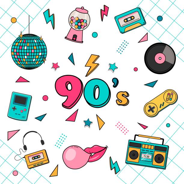 ilustraciones, imágenes clip art, dibujos animados e iconos de stock de elementos clásicos de los años 80 90 pegatinas iconos vectoriales. - image created 1990s