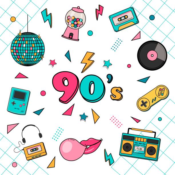 Classic 80s 90s elements Stickers vector icons. Classic 80s 90s elements vector illustration. 90s background stock illustrations
