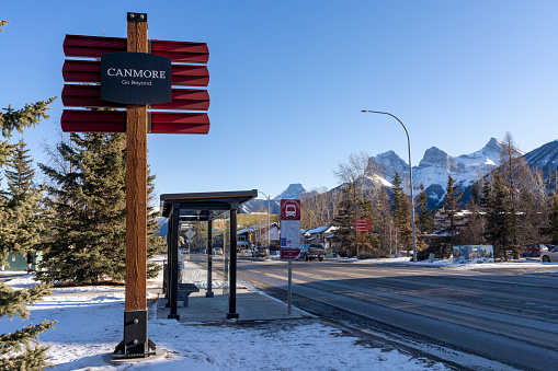 Canmore, Alberta, Canada - Feb 25 2022 : Town of Canmore bus stop in Town centre.